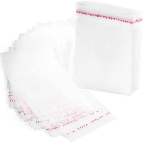 Confezione da 100 sacchetti di plastica trasparente in cellophane con chiusura adesiva, 8 x 12 cm