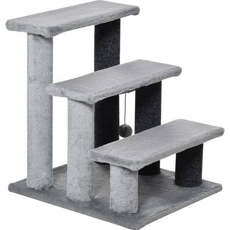 Escalier pour chat 3 marches avec griffoirs boule peluche jute gris 45x40x48 cm
