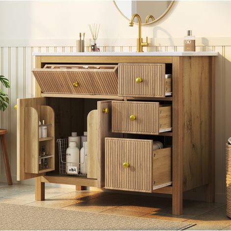 Waschtisch mit Unterschrank 91x48x88 cm, MDF, Holz und Keramik, Natur – MEUBLIV (1/5)