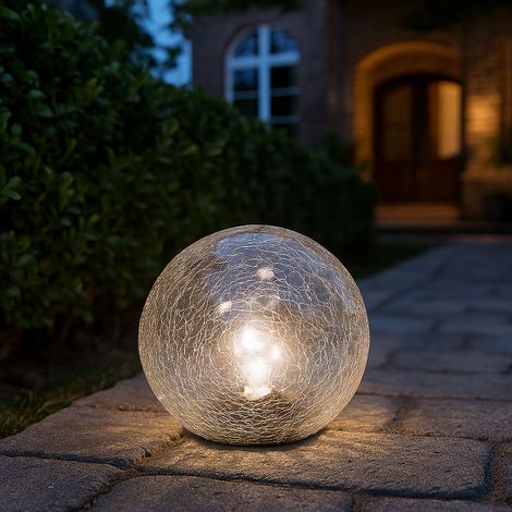 Solarleuchte Außenlampe Kugelleuchte, LED Gartenlampe, integrierte Lichterkette, Terrassenleuchte, 10-flammig, Crackle Glas, 10x LED, DxH 15x15 cm