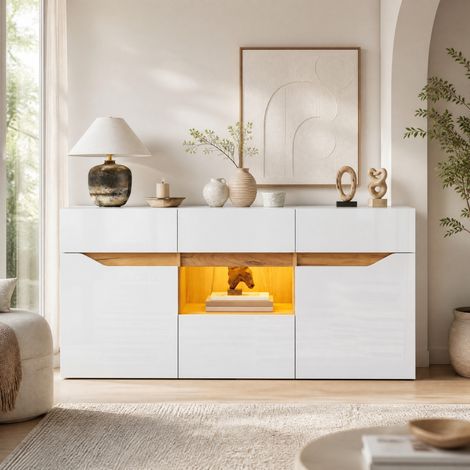 Meuble de rangement 140 x 40 x 70 cm avec 4 tiroirs, 2 portes, LED, blanc et bois DESVIAE (1/5)
