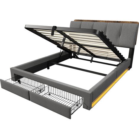 Cama canapé tapizada 140x200 cm de lino gris con LED, USB y USB-C, arcón hidráulico (1/5)