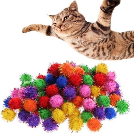 100 balles à paillettes et pompons pour chats, balles de jeu colorées pour animaux de compagnie, balles à pompons pour chats (1/5)
