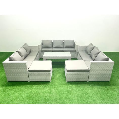 Fimous Rattan Garden Outdoor Furniture Set 11 Seater Garden Sofa Oblong Coffee Table Set with 2 Big Footstools Light Grey Mixed (1/5)