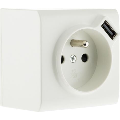 Zenitech – Prise de courant saillie 16A 2P+T avec prise USB – Borne automatique – 3680W sous 230V – Section câble 2x2,5mm² – Blanc (1/4)