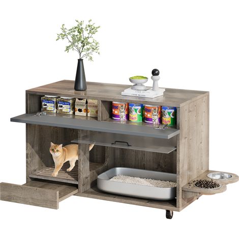 Katzenklo Schrank mit 2 Schubladen, hochklappbarer Acryltür und Rollen, aus MDF, 100×45,5×67 cm, Eiche (1/5)