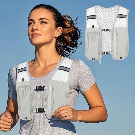 Gilet de running léger avec poche pour téléphone, bretelles ajustables, poche zippée, dos en mesh respirant, idéal pour la course, la randonnée et la salle de sport. Gris. (1/5)