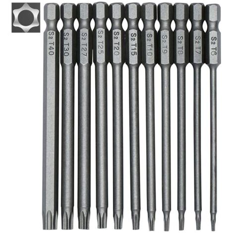 Jeu de 11 embouts longs Torx pour tournevis et visseuse électrique - Embouts magnétiques - Tige hexagonale de 1/4" - Tailles T6 à T40 - Longueur 100 mm (1/4)