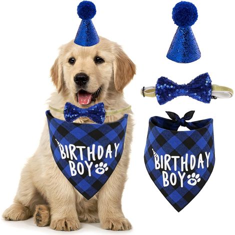 Chien Anniversaire Bandana Chapeau Fête écharpe pour Chien Chat 3Pièces Chien Tenue d'anniversaire pour Animaux de Compagnie Bavoir Petit Moyen Gros Chiens(Bleu)