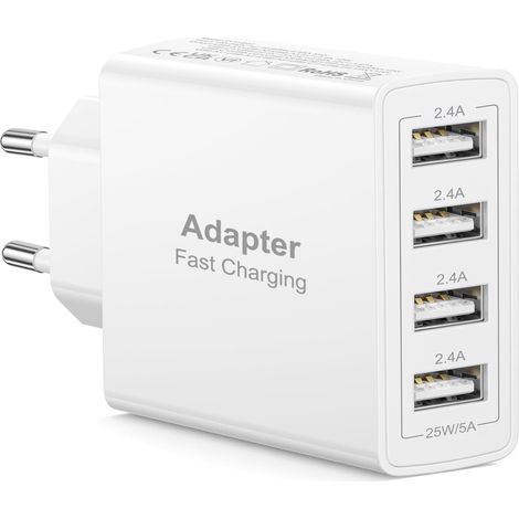 Chargeur USB, 25W/5A 4Port Prise Multiple Prise Chargeur Rapide, Bloc Chargeur USB Adaptateur Secteur pour 17 Air 17 16 15 14 13 12 11 Pro Max, Galaxy S25 S24 S23 (1/5)