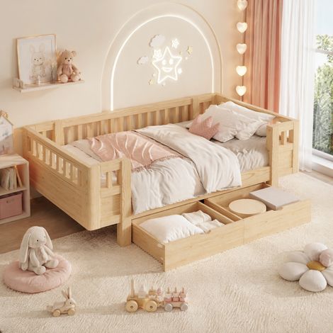 Lit plateforme enfant 90x200 cm en bois clair, 2 tiroirs, pour chambre, sans matelas – MEUBLIV (1/5)