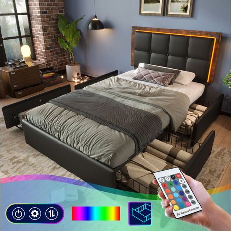 Cama 90x200 cm negra PU con 4 cajones, cabecero regulable y LED (1/5)