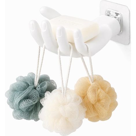 Porte-savon autocollant en forme de main sans perçage - 5 crochets muraux en plastique résistant à la moisissure (moulé), porte-savon avec gouttière, porte-savon pour douche, salle de bain (blanc) (1/5)