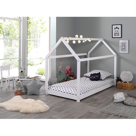 Lit cabane CABANA 70x140 ou 90x200 - Pin massif naturel ou blanc avec sommier-Blanc-90x200-Version avec sommier (1/3)