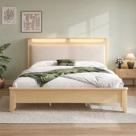 Lit 160x200 avec rangement LED et tête de lit beige HAVRYA (1/5)