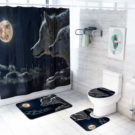 3-teiliges Duschset mit Nachtmotiv: wasserdichte, rutschfeste Badematte, WC-Deckelbezug (1/4)