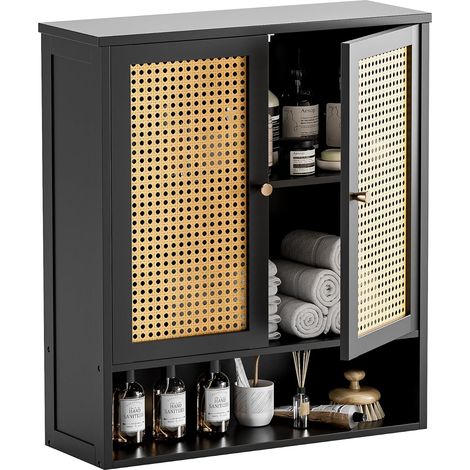 Armoire Murale Salle de Bain, Armoire à Pharmacie en Rotin, Économiseur d'Espace en Bambou Suspendu au-Dessus des Toilettes avec 2 Portes et Étagères Réglables (Noir) (1/5)