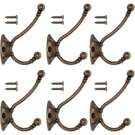 Lot de 6 patères murales vintage en métal pour porte, chapeaux, penderie, salle de bain, cuisine, fonte, laiton, bronze (vis incluses) (1/3)