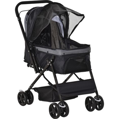 Poussette pliable pour petits chiens 10kg, 76,5 x 52 x 95 cm, structure acier, noire, roues EVA pivotantes et freins, panier rangement