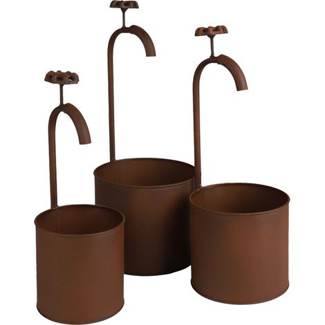 Metall Blumentopf 3er Set Eimer mit Wasserhahn - 17 / 14 / 12 cm - Vintage Übertopf Rost Optik mit Deko Wasserhahn - Garten Dekoration Pflanztopf retro klein