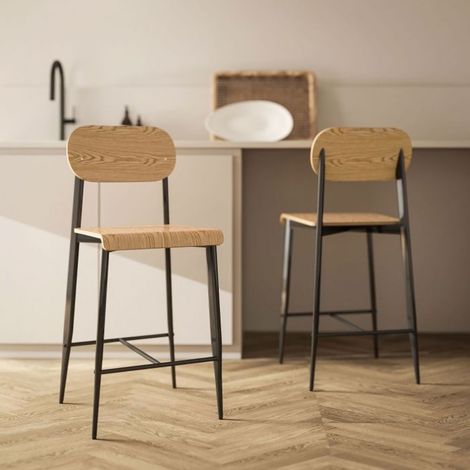 Chaise de cuisine 2 chaises montage simple repose-pieds cadre métal style industriel aspect bois naturel noir (1/5)