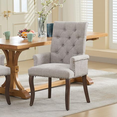 Chaise de salle à manger en chenille beige avec accoudoirs, pieds en bois massif courbés, rembourrée (1/5)