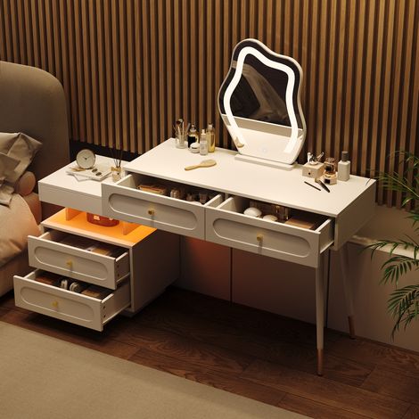 Tocador 140/40/130 cm blanco con LED, 4 cajones y montaje flexible (1/5)