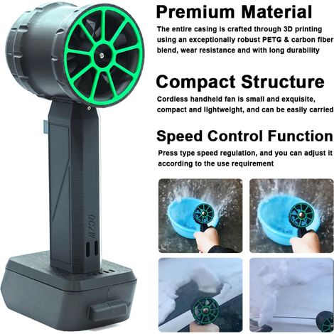 Ventilateur turbo à jet portatif – Moteur sans balais 50 mm, poussée 800-1000 g – Nettoyage voiture/clavier – Compatible batteries Dewalt/Makita/Milwaukee 18V/21V (1/5)