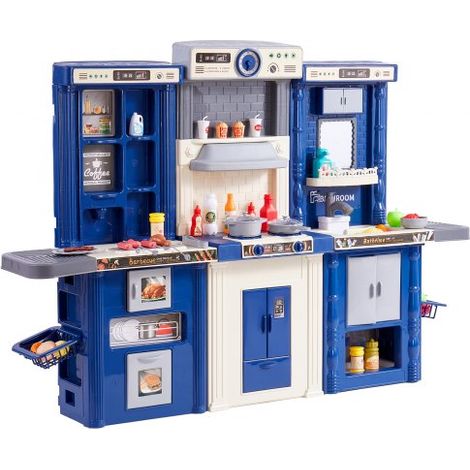 Cocina de Juguete para Niños 3 en 1 Cocinita Infantil Juguete de Simulación con Spray Simulado Sonido Luz 74 Piezas de Accesorios de Cocina para Niños, Preescolares, Niños de 3 a 8 Años, Azul (1/5)