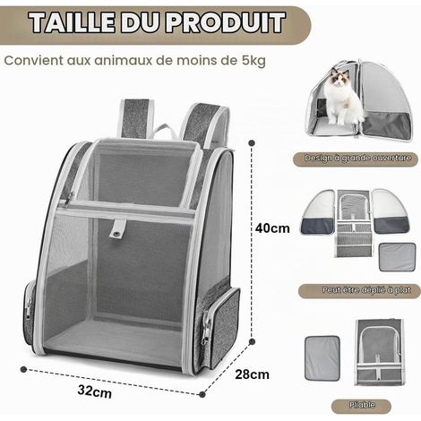 Sac à Dos Chat Respirant, Sac Chien Transport 40x32x28 cm, Sacs à Dos pour Animaux de Compagnie Pliable, Sacs Voyage Chien Charge de 5Kg, avec Tapis, pour Extérieur Randonnée Chihuahua, Gris