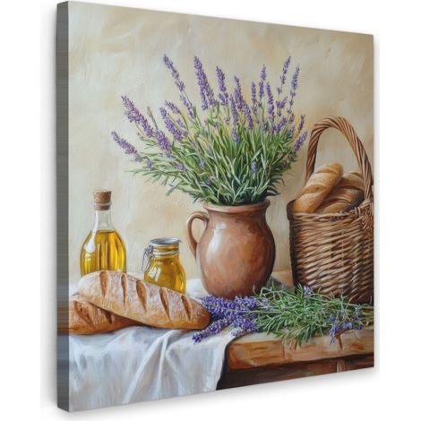 TABLEAU SUR TOILE Lavande - Pain - Nature morte Tableau Chambre Adulte 90x90 cm