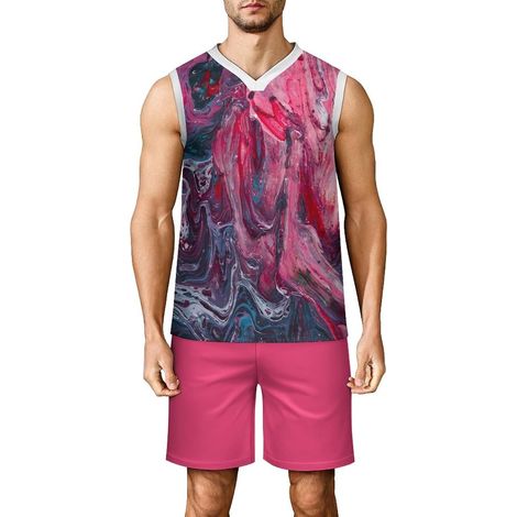 Men's Basketball Set, Adult Basketball Jersey, Sleeveless V-Neck Sports Outfit, Tank Top & Shorts for Fitness, Match Training, Summary Print (1/5)