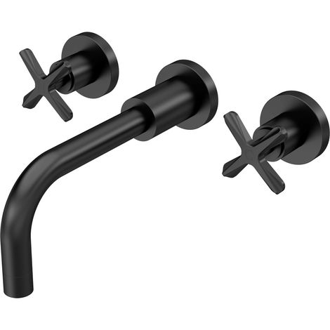 Balterley Levedale Wall Mounted 3 Tap Hole Basin Mixer Tap with Dual Crosshead Handles and Curved Spout - Matt Black Finish