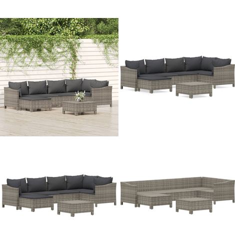 7-tlg. Garten-Lounge-Set mit Kissen Grau Poly Rattan - Gartenmöbel - Loungesessel - Rattan Möbel - Outdoor Möbel - Garten Lounge Set - Home & Living (1/5)