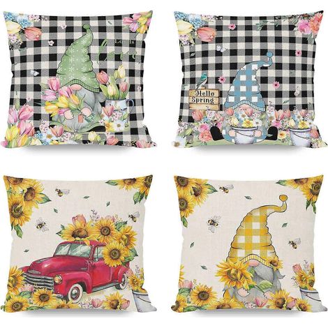 Frühlingswichtel-Kissenbezug, 4-teiliges Set, Auto-Tulpen-Kissenbezug, Baumwoll-Leinen-Kissenbezüge für Zuhause, Schlafzimmer, Büro, Wohnzimmer