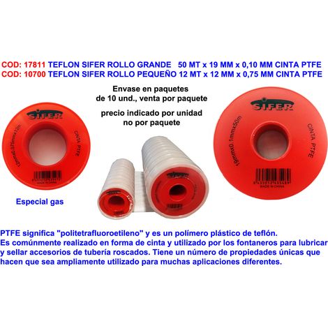 Sifer Téflon PTFE Ruban Grand Rouleau 50 mx 19 mm x 0,10 mm
