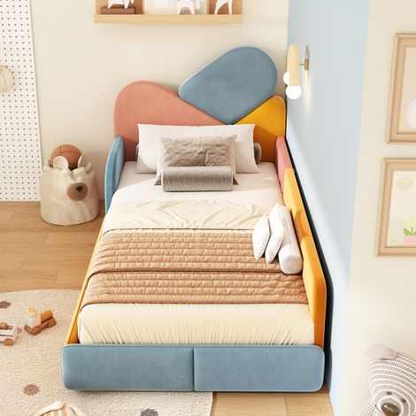 Lit enfant rembourré 90x200cm avec barrières latérales,lit au sol multicolore avec tête de lit douce,velours,bleu+rose +orange (1/5)