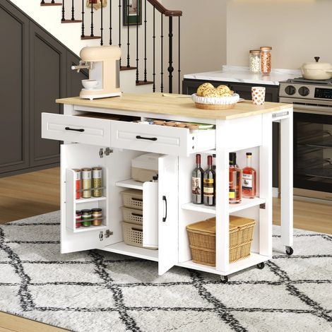 Desserte de Cuisine,Îlot Central Cuisine mobile extensible,Chariot de cuisine avec 2 tiroirs & 2 portes,Prises AC et USB intégrées,120 x 50 x 93 cm,Blanc