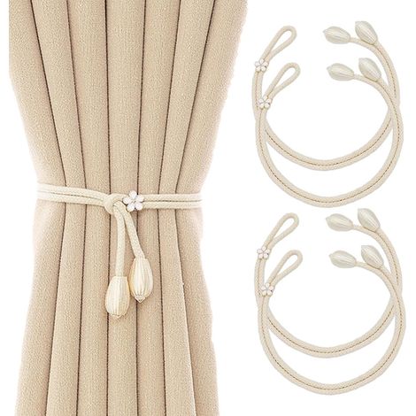 Embrasses de Rideaux 4 Pièces, Pas de Perforation Longueur Réglable avec Boules Doubles Tissées, Accessoires pour Embrasses de Rideaux à Petites Fleurs, Beige