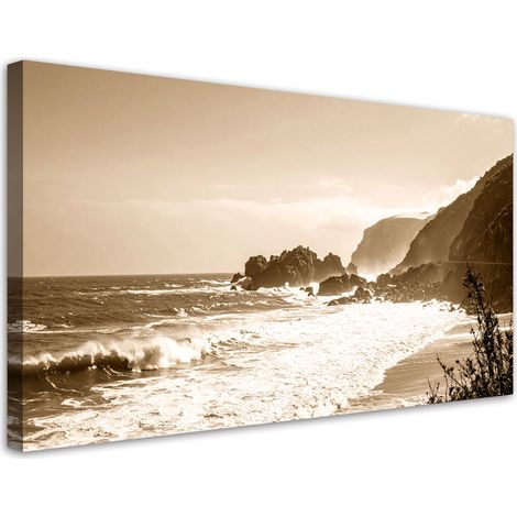 Leinwandbild Sepia Vintage-Stil Meereslandschaft Klippen Felsen 80x40 (1/5)