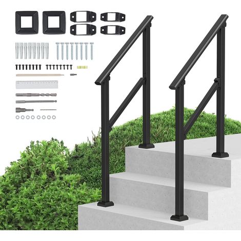 Rampe d'Escalier pour 2-3 Marches Extérieures Main Courante Escalier 2PCS avec Kit d'Installation, Tube Carré en Acier au Carbone, pour Personnes Âgées, Marches en Béton, Porche, Terrasse, Noir (1/5)