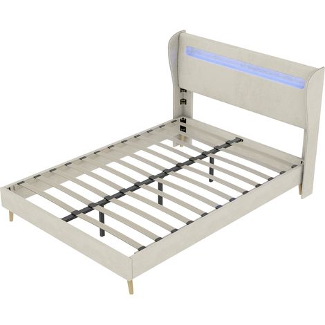 Letto imbottito moderno 140 x 200 cm beige con testiera LED HOMVRA (1/5)