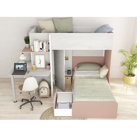 Lits superposés d'angle 2 x 90 x 190 cm - Avec bureau - Gris, blanc et rose - SAMUEL