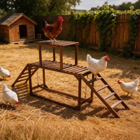 Perchoir Poule en Bois, Aire de Jeux pour Poules avec Balançoire et Escalade pour Poulailler Structure de jeu pour poulets 200 x 30 x 89 cm de patio (1/5)