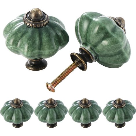 Lot de 6 boutons d'armoire en céramique Poignées de placard de cuisine chic antique citrouille, boutons de porte de meubles ronds en vert (1/5)