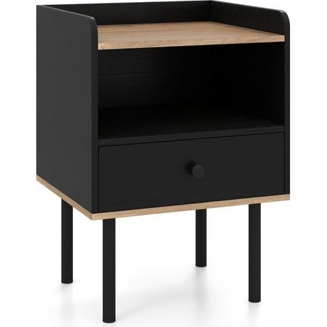 Comodino 40,5 x 35 x 56 cm con cassetto portaoggetti e ripiano aperto stile moderno realizzato in legno MDF nero e naturale 200017421