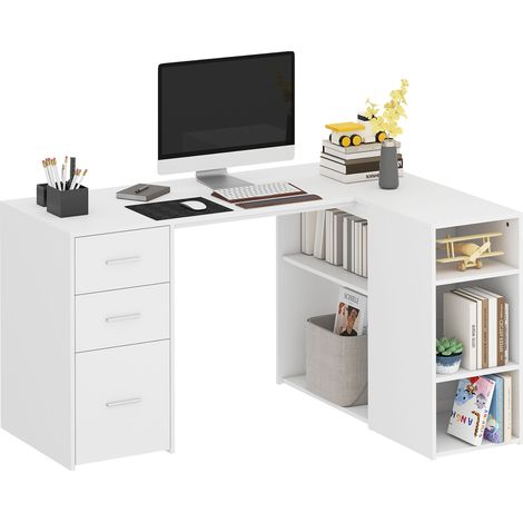 Bureau d'Angle, Bureau Informatique en L, 3 Tiroirs, 5 Compartiments Ouverts, Étagères Réglables, 140x100x75cm, Blanc (1/5)