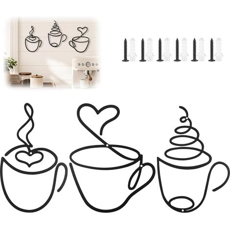 3 Pièces Noir Tasse à Café Tableau Decoration Murale, 20,3cm (1/5)