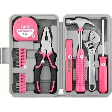 18pcs Pink Tool Kit for Women, Household DIY Repair Tool Set with Pliers Screwdriver Wrench Tape Measure & Storage Case for Home Garage (1/5)