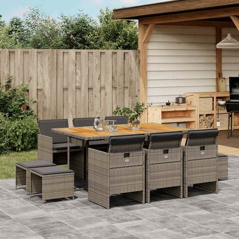 Ensemble repas de jardin 11 pièces en poly rotin gris, table, 6 chaises et 4 tabourets - PANGIVO (1/5)